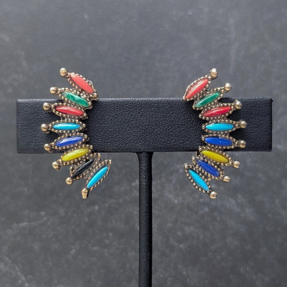 Vintage Clip On Earrings Multi Colored Curved Statement Earrings 1.25"